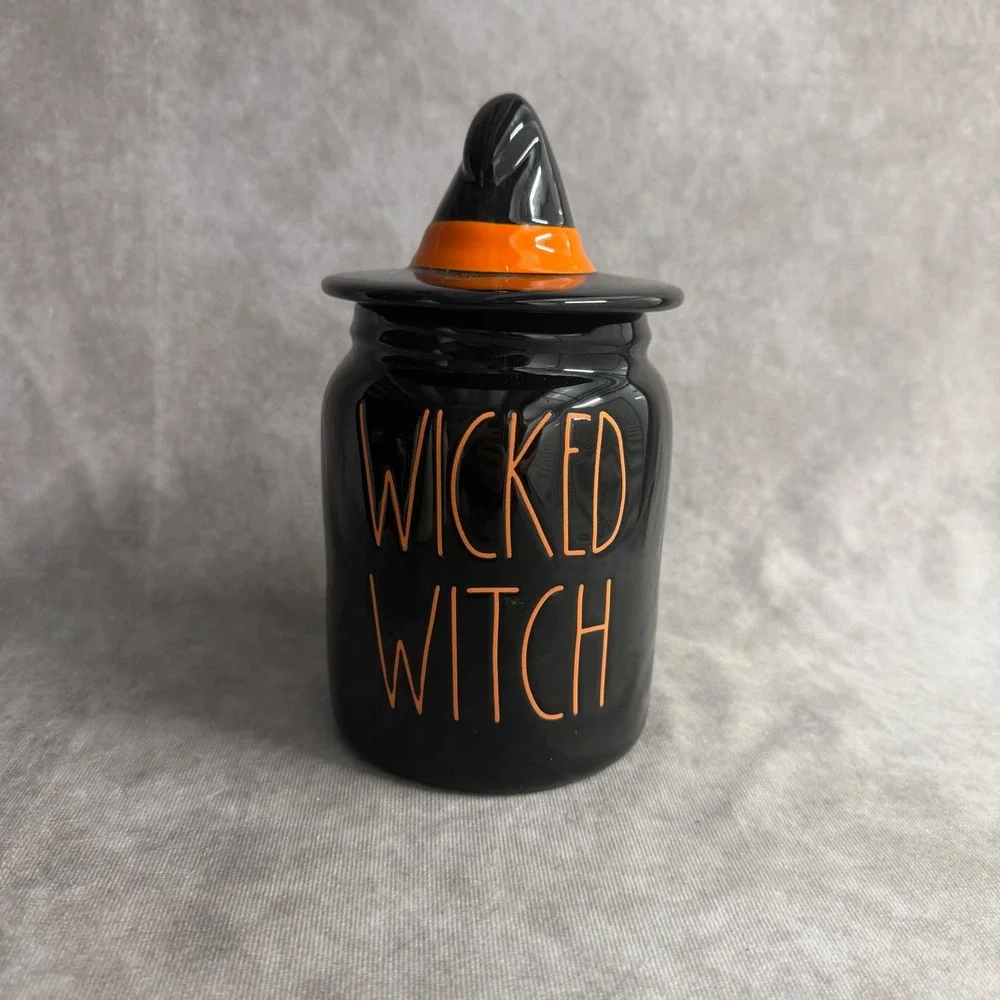 Rae Dunn Wicked Witch Canister Black Orange Halloween Hat Lid Ceramic Candy Jar